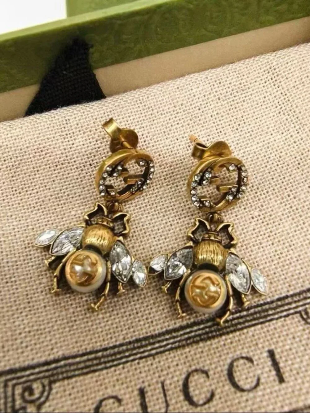Gucci Vintage Bee Interlocking GG Crystal Drop Earrings